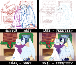 Size: 3170x2719 | Tagged: safe, artist:feekteev, double diamond, soarin', pegasus, pony, blushing, candle, christmas, christmas wreath, clothes, colored pupils, crack shipping, gay, holiday, looking at each other, male, progress, progression, scarf, shared clothing, shared scarf, shipping, sitting, sketch, smiling, soarin'diamond, stallion, wip