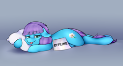 Size: 4867x2641 | Tagged: safe, alternate version, artist:celestialoddity, oc, oc only, oc:roxy impelheart, cutie mark, lying down, on side, pillow, solo, tongue out, trans girl, transgender