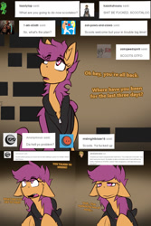 Size: 1500x2250 | Tagged: safe, artist:conmanwolf, scootaloo, pegasus, pony, fanfic:rainbow factory, anonymous, ask factory scootaloo, chest fluff, clothes, comic, dialogue, ear fluff, factory scootaloo, female, hoodie, mare, older scootaloo, open mouth, tumblr, underhoof, vulgar, wingding eyes