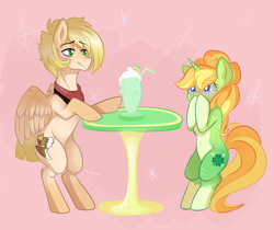 Size: 1237x1039 | Tagged: artist needed, safe, oc, oc only, oc:eagle eye, oc:shamrock shock, pegasus, pony, unicorn, blushing, clover, excited, female, four leaf clover, male, mare, marriage proposal, neckerchief, ring, shamrock shake, shipping, stallion, straight