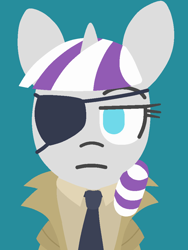Size: 750x1000 | Tagged: safe, artist:threetwotwo32232, twilight velvet, unicorn, big boss, bust, clothes, coat, eyepatch, looking at you, metal gear solid, necktie, parody, portrait, solo