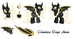 Size: 1024x535 | Tagged: safe, artist:nightfoxgangsters, oc, oc only, oc:countess onyx aura, bat pony, pony, edgy, fangs, ponysona, reference sheet, solo, watermark