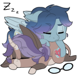 Size: 500x500 | Tagged: safe, artist:curiouskeys, oc, oc only, oc:curious keys, oc:vertical lift, pegasus, pony, unicorn, chibi, glasses, hinny, hoof sucking, simple background, sleeping, transparent background, zzz