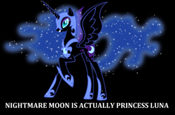 Size: 1668x1100 | Tagged: safe, nightmare moon, alicorn, pony, friendship is magic, black background, captain obvious, ethereal mane, female, late arrival spoiler, mare, raised hoof, simple background, slowpoke, solo, spread wings, starry mane, totally legit season 1 spoilers, wings, you don't say