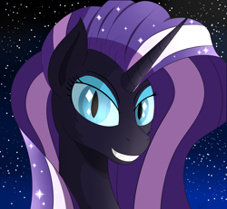 Size: 2700x2500 | Tagged: safe, artist:orangejuicerus, idw, nightmare rarity, pony, evil, female, looking at you, mare, night, smiling, solo, stars