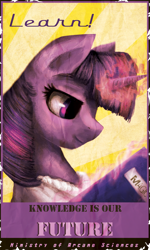 Size: 900x1500 | Tagged: safe, artist:aschenstern, twilight sparkle, pony, unicorn, fallout equestria, book, clothes, fanfic, fanfic art, female, glowing horn, horn, levitation, magic, mare, ministry mares, ministry of arcane sciences, poster, propaganda, reading, smiling, solo, telekinesis, text