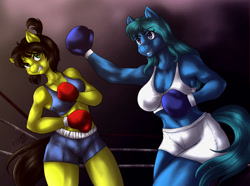 Size: 1000x744 | Tagged: safe, artist:dslycaon, oc, oc only, oc:nina dasher, oc:uppercute, anthro, boxing, boxing gloves, breasts, clothes, midriff, sports, sports bra