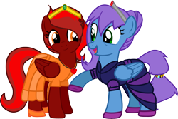 Size: 3223x2157 | Tagged: safe, artist:davidsfire, oc, oc only, oc:liquid harmony, oc:ruby, pegasus, pony, clothes, crown, dress, duo, female, happy, looking at each other, mare, regalia, simple background, transparent background