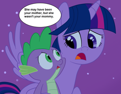 Size: 1961x1531 | Tagged: safe, artist:eagc7, spike, twilight sparkle, twilight sparkle (alicorn), alicorn, dragon, female, flying, guardians of the galaxy, guardians of the galaxy vol. 2, heartwarming, looking at each other, male, mare, marvel, marvel cinematic universe, mother, mother and child, mother and son, night, parent and child, parody, spoilers for another series, stars