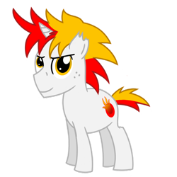 Size: 800x800 | Tagged: safe, artist:toyminator900, oc, oc only, oc:shimmering blaze, unicorn, 2018 community collab, cutie mark, derpibooru community collaboration, freckles, simple background, solo, torn ear, transparent background