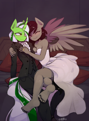 Size: 2219x3000 | Tagged: safe, artist:novabytes, oc, oc only, oc:jessica voorhooves, oc:keylime, oc:keylime stageright, anthro, plantigrade anthro, anthro oc, barefoot, clothes, cuddling, dress, duo, duo female, eyes closed, feet, female, just married, lesbian, smiling, snuggling, suit, wedding dress, wedding ring