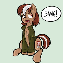 Size: 2000x2000 | Tagged: safe, artist:eldee, oc, oc only, oc:roulette, fallout equestria, clothes, dumb meme image, jacket, military, russian roulette, simple background, six shooter surprise, solo