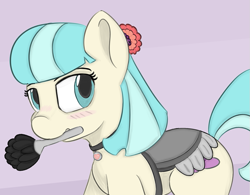 Size: 855x668 | Tagged: safe, artist:treekickerdraws, coco pommel, earth pony, pony, blushing, clothes, cocobetes, collar, cute, female, maid, mare, mouth hold, saddle, solo, tack