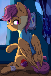 Size: 3962x5834 | Tagged: safe, artist:lula-moonarts, scootaloo, pegasus, pony, absurd resolution, bandage, bandaid, clothes, female, mare, older, raised hoof, rear view, sitting, solo, uniform, wonderbolt trainee uniform