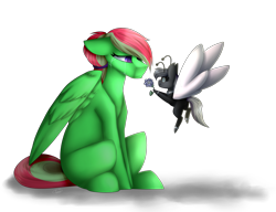 Size: 5050x3882 | Tagged: safe, artist:umiimou, oc, oc only, oc:event horizon, oc:fire sugar, breezie, pegasus, pony, crying, female, flower, glasses, high res, mare, simple background, sitting, size difference, transparent background