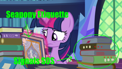 Size: 960x540 | Tagged: safe, edit, edited screencap, screencap, twilight sparkle, twilight sparkle (alicorn), alicorn, pony, shadow play, book, easter egg, female, fridge brilliance, mare, morse code, seapony etiquette, solo