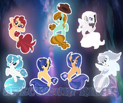 Size: 1969x1637 | Tagged: safe, artist:spectrumnightyt, oc, oc only, oc:blue stone, oc:galaxy swirls, oc:lucky hooves, oc:soft skills, oc:speed cloud, oc:tickle pie, oc:velvet sentry, hybrid, seapony (g4), female, interspecies offspring, mare, offspring, parent:cheese sandwich, parent:discord, parent:flash sentry, parent:fluttershy, parent:pinkie pie, parent:twilight sparkle, parents:cheesepie, parents:discoshy, parents:flashlight, seaponified, species swap