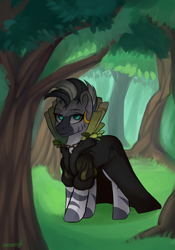 Size: 2353x3362 | Tagged: safe, zecora, zebra, chains, cloak, clothes, crossover, ear piercing, female, forest, mare, piercing, ponified, pyre(game), solo, volfred sandalwood