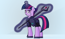 Size: 2600x1560 | Tagged: safe, artist:ashtoneer, twilight sparkle, pony, my little pony: the movie, armor, fallen hero, magic, scar, smiling, staff, staff of sacanas, telekinesis, traitor sparkle, twilight is anakin