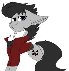 Size: 2045x2117 | Tagged: safe, artist:brokensilence, earth pony, pony, belt, no more heroes, ponified, simple background, skeptical, solo, transparent background, travis touchdown