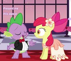 Size: 1593x1385 | Tagged: safe, artist:brony-art, apple bloom, spike, dragon, earth pony, pony, blushing, clothes, dialogue, dress, duo, eyes closed, female, filly, flower, gala dress, male, shipping, show accurate, smiling, spikebloom, standing, straight, tuxedo