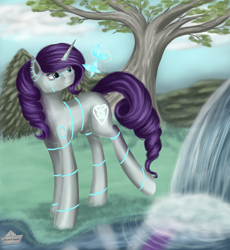 Size: 2300x2500 | Tagged: safe, artist:studentlaure, oc, oc only, oc:raribot, butterfly, pony, robot, robot pony, unicorn, cutie mark, female, grass, hooves, horn, mare, outdoors, raribot, solo, tree, water
