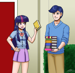 Size: 2000x1934 | Tagged: safe, artist:johnjoseco, derpibooru exclusive, night light, twilight sparkle, human, book, duo, equestria girls outfit, father and child, father and daughter, female, humanized, library, male, parent and child