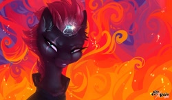 Size: 1280x748 | Tagged: safe, artist:aikamori, artist:richiepanda, tempest shadow, unicorn, my little pony: the movie, broken horn, eye scar, female, fire, grin, horn, mare, scar, smiling, sparking horn