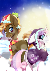 Size: 1358x1920 | Tagged: safe, artist:rariedash, button mash, sweetie belle, earth pony, pony, unicorn, clothes, colt, female, filly, floppy ears, hat, looking back, male, mare, older, older sweetie belle, parka, scarf, shipping, smiling, snow, stallion, straight, sweetiemash, winter