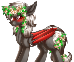 Size: 2383x1987 | Tagged: safe, artist:gicme, oc, oc only, bat pony, pony, blushing, cute, female, flower, flower in hair, simple background, solo, transparent background, wreath, ych result