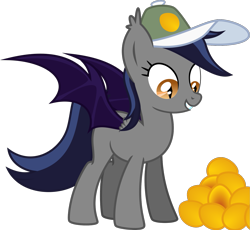 Size: 1457x1341 | Tagged: safe, artist:inudewaruika, oc, oc only, oc:echo, bat pony, cap, food, hat, mango, missing cutie mark, simple background, solo, transparent background