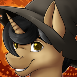 Size: 1500x1500 | Tagged: safe, artist:dunnowhattowrite, oc, oc only, oc:aegis aurora, unicorn, abstract background, halloween, hat, holiday, looking at you, male, smiling, solo, witch hat