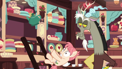 Size: 1280x720 | Tagged: safe, screencap, discord, raspberry vinaigrette, draconequus, earth pony, pony, discordant harmony, cup, falling, female, ladder, mare, pottery, teacup, teapot