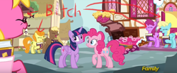 Size: 1316x550 | Tagged: safe, edit, edited screencap, screencap, berry punch, berryshine, carrot top, cherry berry, coco crusoe, golden harvest, pinkie pie, sassaflash, twilight sparkle, twilight sparkle (alicorn), alicorn, pony, fame and misfortune, opinion, vulgar, worst pony