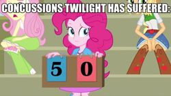 Size: 2560x1440 | Tagged: safe, screencap, applejack, fluttershy, pinkie pie, score, twilight sparkle, equestria girls, bleachers, boots, clothes, concussion, cowboy boots, high heel boots, scoreboard, skirt, socks, totally legit recap