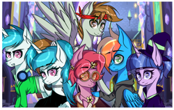 Size: 1024x647 | Tagged: safe, artist:misskitkat2002, oc, oc only, oc:daisy, oc:free fall, oc:harper, oc:roni, oc:shadow light sparkle, oc:spectrum, earth pony, pegasus, pony, unicorn, bandana, clothes, costume, female, male, mare, nightmare night costume, offspring, parent:big macintosh, parent:cheerilee, parent:flash sentry, parent:neon lights, parent:rainbow dash, parent:soarin', parent:twilight sparkle, parent:vinyl scratch, parents:cheerimac, parents:flashlight, parents:soarindash, parents:vinylights, stallion