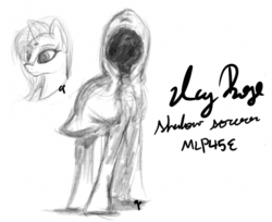 Size: 1034x842 | Tagged: safe, artist:overlord pony, oc, oc only, oc:icy rose, unicorn, female, gif, hooded cape, mare, monochrome, non-animated gif, sketch, solo