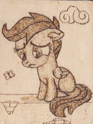 Size: 602x806 | Tagged: safe, artist:malte279, scootaloo, butterfly, cute, pyrography, sad, traditional art