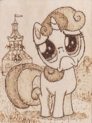 Size: 585x780 | Tagged: safe, artist:malte279, sweetie belle, carousel boutique, cute, pyrography, sad, sweetie frown, traditional art