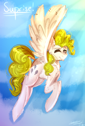 Size: 1024x1504 | Tagged: safe, artist:sakishithewolf, surprise, pony, flying, one eye closed, solo, wink