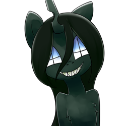 Size: 1000x1000 | Tagged: safe, artist:sees, oc, oc only, oc:crysome, pony, chest fluff, creepy, sharp teeth, simple background, smiling, solo, teeth, transparent background, white eyes