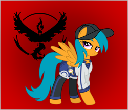 Size: 1024x882 | Tagged: safe, artist:vinylbecks, pegasus, pony, background pony, baseball cap, cap, clothes, drizzledrips, female, hat, mare, moltres, pokémon, pokémon go, red background, simple background, solo, team valor