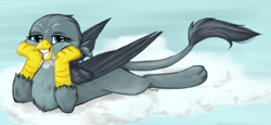 Size: 1280x591 | Tagged: safe, artist:farcuf, gabby, griffon, cloud, grin, hands on cheeks, lidded eyes, looking at you, lying down, signature, smiling, solo, wings