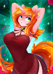 Size: 1800x2500 | Tagged: safe, alternate version, artist:koveliana, oc, oc only, oc:debra rose, anthro, unicorn, anthro oc, arm behind head, armpits, breasts, clothes, commission, dress, ear piercing, earring, female, freckles, jewelry, piercing, solo, ych result