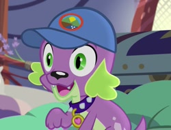 Size: 943x720 | Tagged: safe, screencap, spike, spike the regular dog, dog, equestria girls, legend of everfree, cap, happy, hat, solo