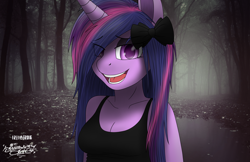 Size: 3400x2200 | Tagged: safe, artist:mcflurrylazermuffin, twilight sparkle, anthro, bow, breasts, clothes, female, forest, hair bow, hair over one eye, looking at you, loose hair, open mouth, smiling, solo, tanktop