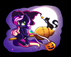 Size: 898x722 | Tagged: safe, artist:miniaru, oc, oc only, cat, pony, unicorn, apple, broom, candy apple (food), female, flying, flying broomstick, food, full moon, halloween, hat, holiday, mare, moon, pumpkin bucket, stars, witch hat