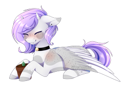 Size: 2802x1896 | Tagged: safe, artist:itsizzybel, oc, oc only, oc:mayumi, pegasus, pony, bell, bell collar, choker, collar, digital art, eyes closed, female, flower pot, horns, mare, plant pot, prone, simple background, solo, transparent background