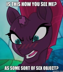 Size: 600x687 | Tagged: safe, edit, edited screencap, screencap, tempest shadow, my little pony: the movie, blushing, image macro, meme, tsundere shadow