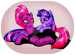 Size: 1024x755 | Tagged: safe, artist:nadairead, fizzlepop berrytwist, tempest shadow, twilight sparkle, pony, unicorn, my little pony: the movie, blushing, broken horn, deviantart watermark, eye scar, eyebrows, eyelashes, female, horn, lesbian, looking at each other, lying down, obtrusive watermark, scar, shipping, signature, smiling, tempestlight, underhoof, watermark